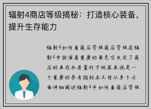 辐射4商店等级揭秘：打造核心装备，提升生存能力